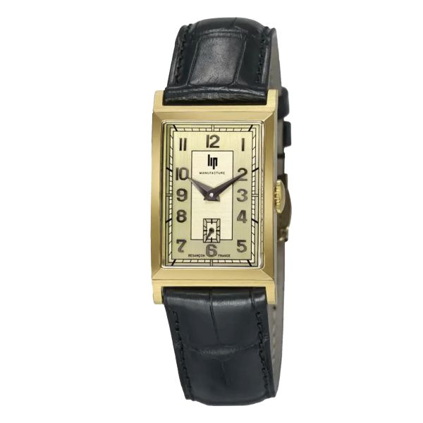 Montre Lip Churchill T18 Original mécanique plaquée or cadran doré bracelet cuir noir