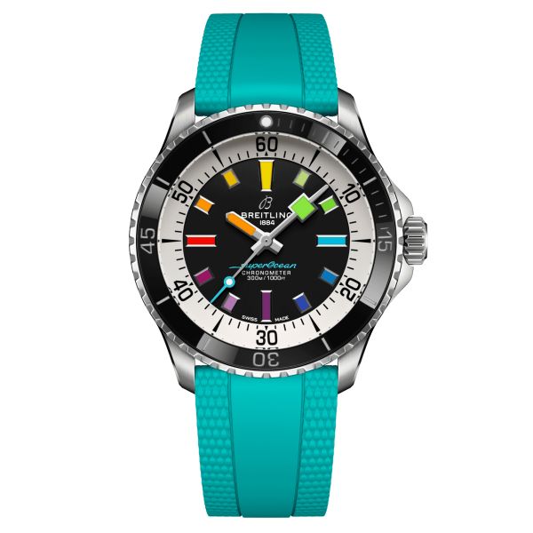 Breitling Superocean automatic watch black dial aquamarine blue rubber strap 42 mm A17375211B2S2