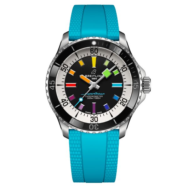 Breitling Superocean automatic watch black dial turquoise rubber strap 42 mm A17375211B2S1