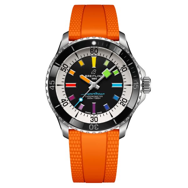 Breitling Superocean automatic watch black dial orange rubber strap 42 mm A17375211B2S3