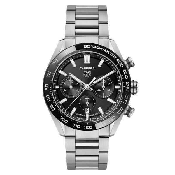 Montre TAG Heuer Carrera Calibre Heuer 02 chronographe cadran noir bracelet acier 44 mm CBN2A1B.BA0643