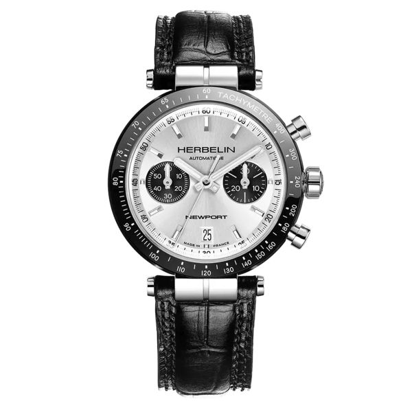 Herbelin Newport Héritage Chronographe Bi-Compax automatic silver "panda" dial leather strap 42 mm