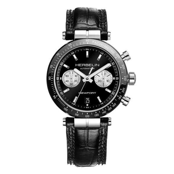 Herbelin Newport Héritage Chronographe Bi-Compax automatic black dial leather strap 42 mm