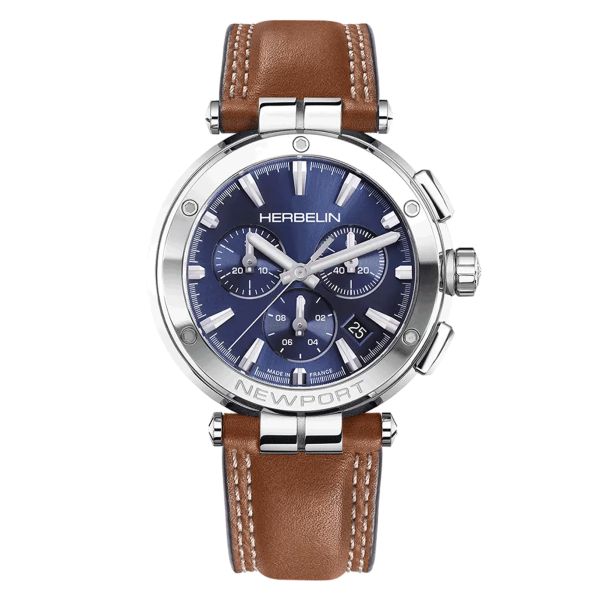 Herbelin Newport Chrono quartz blue dial brown leather strap 40,5 mm