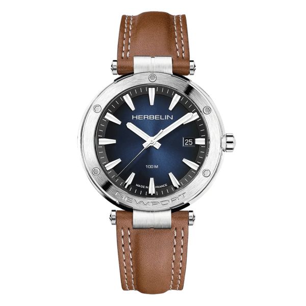 Herbelin Newport Quartz blue dial brown leather strap 40,5 mm