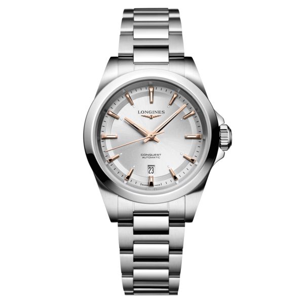 Longines Conquest automatic watch silver dial steel bracelet 34 mm