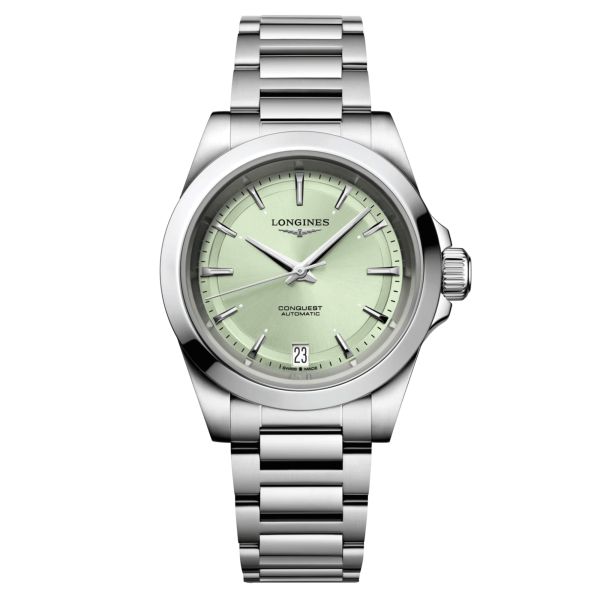 Longines Conquest automatic watch green dial steel bracelet 34 mm