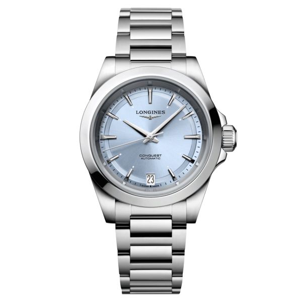 Longines Conquest automatic watch glacier blue dial steel bracelet 34 mm