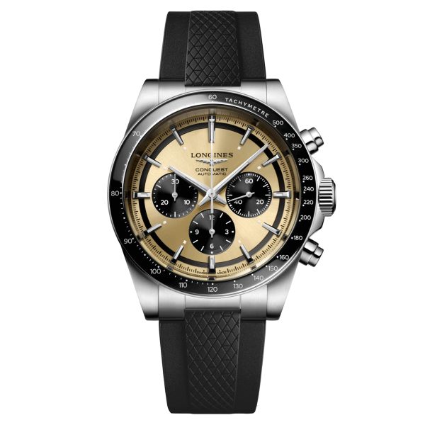 Montre Longines Conquest Chronographe automatique cadran brun bracelet caoutchouc noir 42 mm L3.835.4.32.9