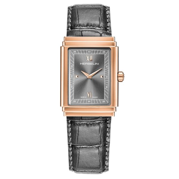 Herbelin Art Déco 1925 PVD Rose Gold quartz grey dial leather strap 37 x 27 mm