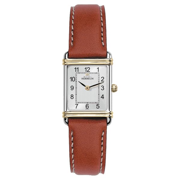 Michel Herbelin Art Déco quartz silver dial index Arabes numerals leather strap 20,30 x 24,40 mm