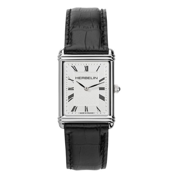 Herbelin Art deco quartz watch silver dial black leather strap 26,5 x 32,2 mm