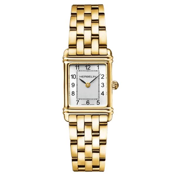 Herbelin Art Deco quartz watch silver dial index Arabics numerals steel bracelet PVD yellow gold 20,30 x 24,40 mm