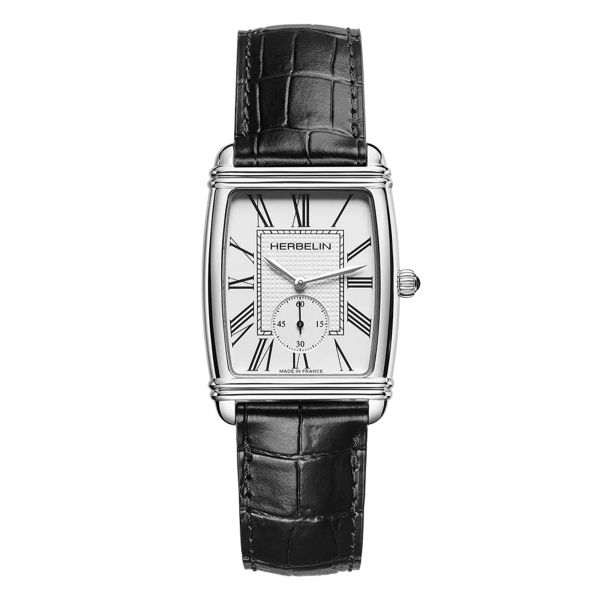 Herbelin Art Deco quartz silver dial Romans numerals black leather strap 30 x 35,5 mm