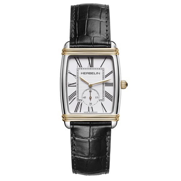 Herbelin Art Deco PVD Yellow gold quartz Roman numerals White dial black leather strap 30 x 35,50 mm