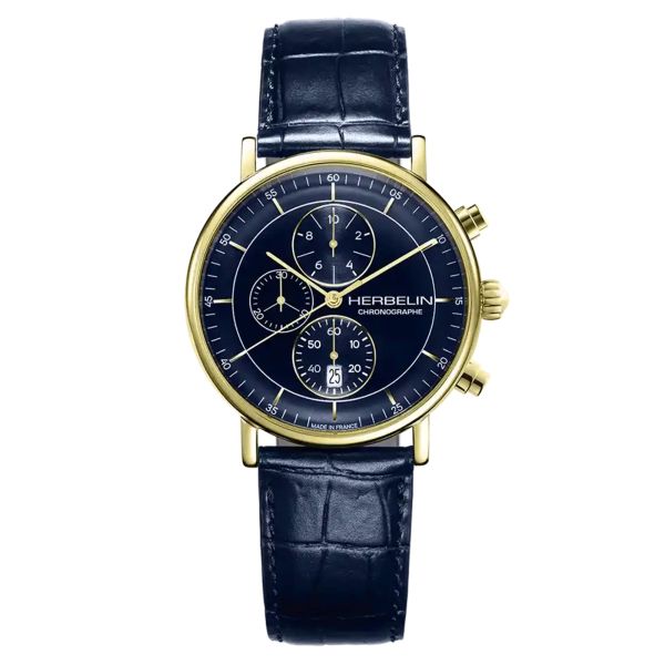 Montre Herbelin Inspiration Chronographe quartz cadran bleu bracelet cuir 40 mm