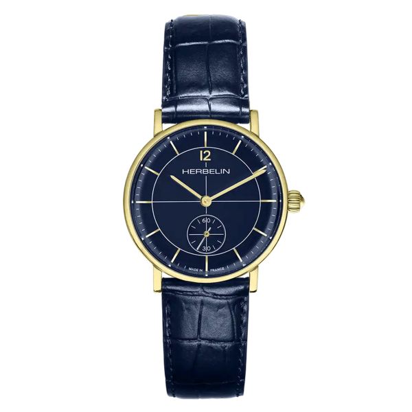 Herbelin Inspiration quartz small seconds PVD Yellow Gold blue dial leather strap 32 mm