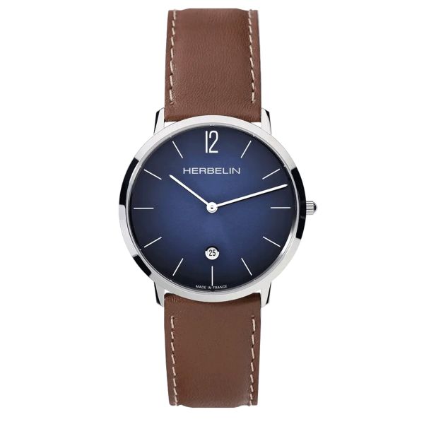 Herbelin City quartz blue dial brown leather strap 38,7 mm