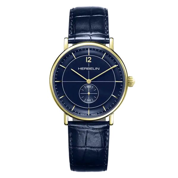 Herbelin Inspiration quartz small seconds PVD Yellow Gold blue dial leather strap 40 mm