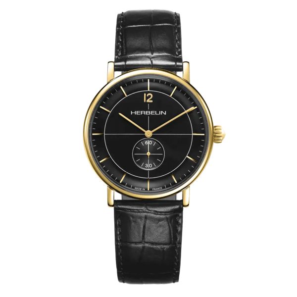 Herbelin Inspiration quartz small seconds PVD Yellow Gold black dial leather strap 40 mm