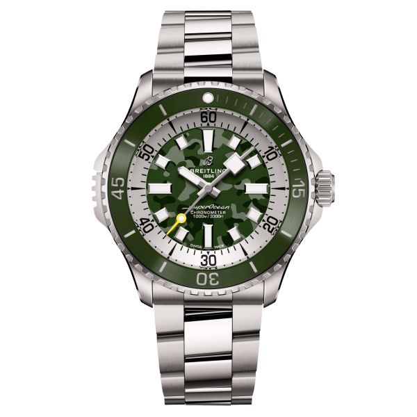 Breitling Superocean Super Diver automatic watch green camouflage dial titanium bracelet 46 mm E10379D31L1E1