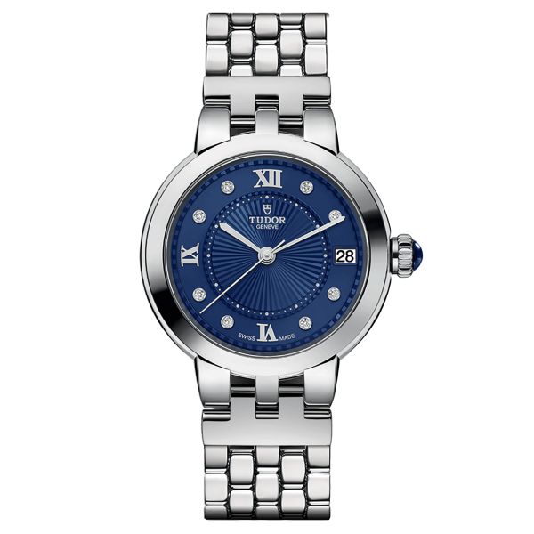 Tudor Clair de Rose automatic watch with diamond markers and Roman numerals blue dial steel bracelet 34 mm