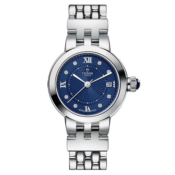 Tudor Clair de Rose automatic watch with diamond markers and Roman numerals blue dial steel bracelet 26 mm