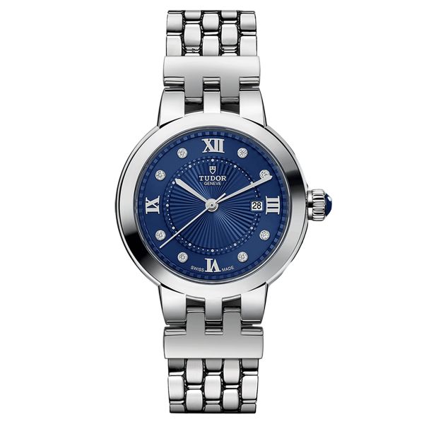 Tudor Clair de Rose automatic watch with diamond markers and Roman numerals blue dial steel bracelet 30 mm