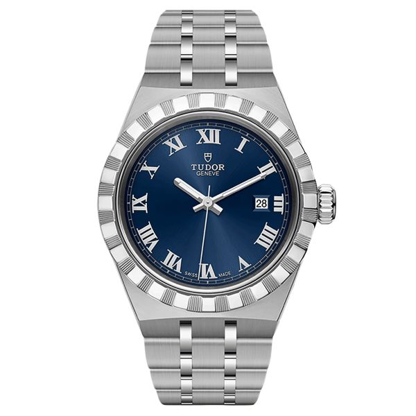 Montre Tudor Royal automatique index chiffres romains cadran bleu bracelet acier 28 mm M28300-0006