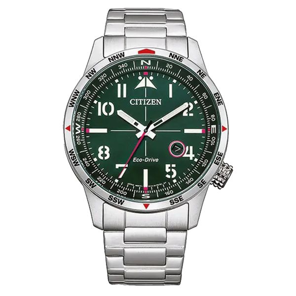 Montre Citizen Pilote Eco-Drive cadran vert bracelet acier 43 mm