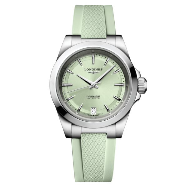 Longines Conquest automatic watch green dial green rubber strap 34 mm L3.430.4.02.9