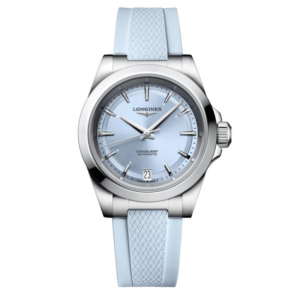 Longines Conquest automatic watch glacier blue dial blue rubber strap 34 mm L3.430.4.92.9