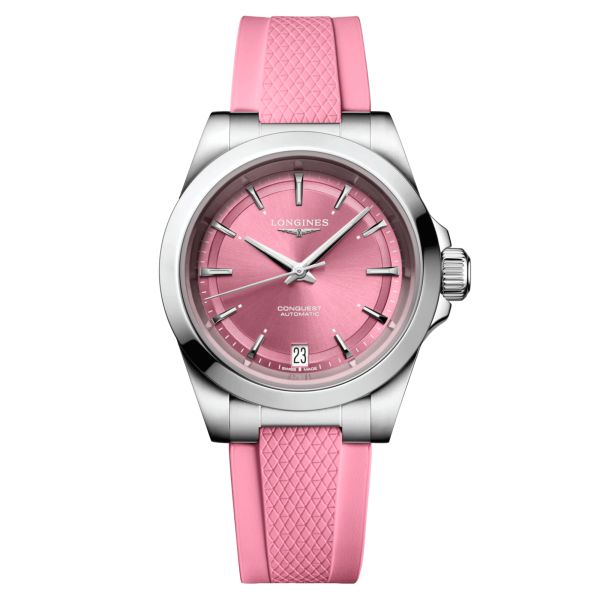 Longines Conquest automatic watch pink dial pink rubber strap 34 mm L3.430.4.99.9