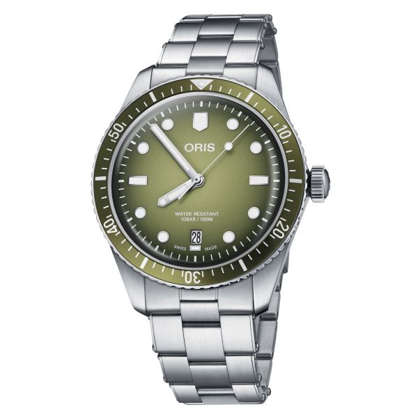 Montre Oris Plongée Divers Sixty-Five Date automatique cadran vert bracelet acier 40 mm