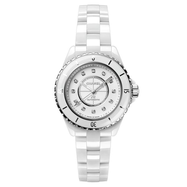 Montre CHANEL J12 Calibre 12.2 automatique index diamants cadran blanc et noir bracelet céramique blanche 33 mm H9741