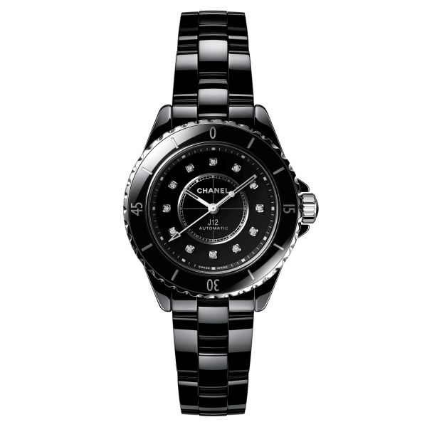 CHANEL J12 Calibre 12.2 automatic watch diamond hour markers black dial black ceramic bracelet 33 mm H9742