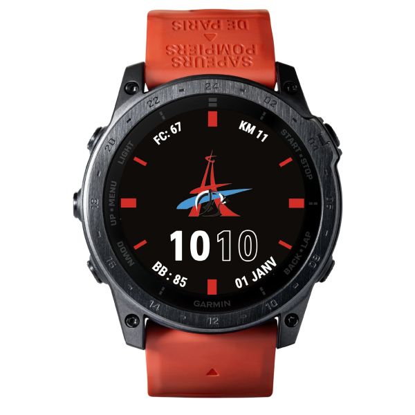 Garmin Tactix 7 AMOLED Special Edition Paris Fire Brigade Watch with nylon, silicone and two-tone red and black straps marked 51