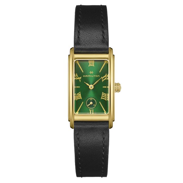 Hamilton American Classic Ardmore PVD Yellow Gold Quartz Green Dial Black Leather Strap Watch 18.7 x 27 mm