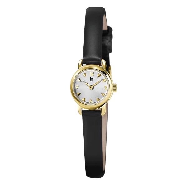 Lip Henriette Gold PVD quartz silver dial black leather strap 18,5 mm