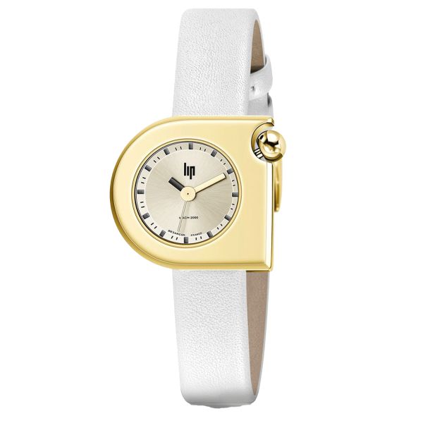 Montre Lip Mach 2000 Mini Moon Dorée quartz cadran doré bracelet cuir blanc 30 x 28 mm