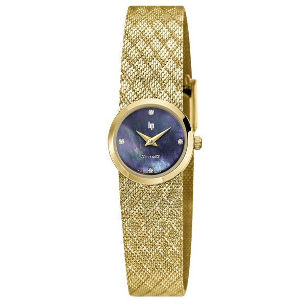 Montre Lip Henriette quartz cadran nacre bleue bracelet mailles polonaises dorée 22 mm