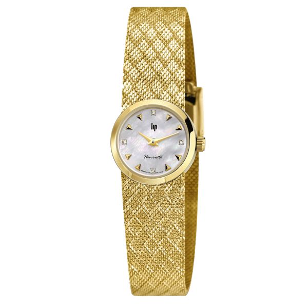 Montre Lip Henriette quartz cadran nacre blanche bracelet mailles polonaises dorée 22 mm