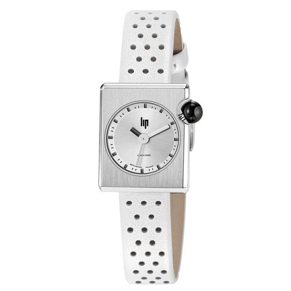 Lip Mach 2000 Mini Square quartz watch silver dial white perforated leather strap 30 x 28 mm