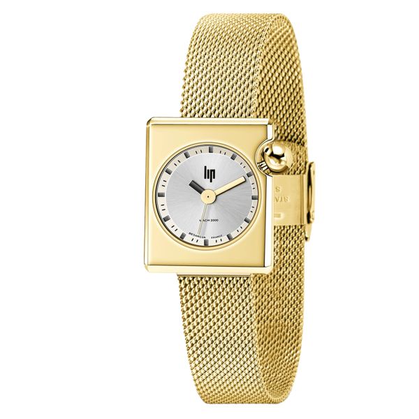 Lip Mach 2000 Mini Square quartz silver dial golden steel bracelet 30 x 28 mm