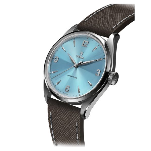 Montre Yema Urban Classic automatique cadran bleu clair bracelet cuir marron 37,5 mm YUBC24-37-JU64