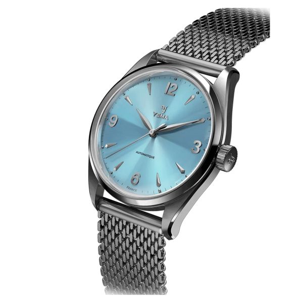 Montre Yema Urban Classic automatique cadran bleu clair bracelet acier maille milanaise 37,5 mm YUBC24-37-JM