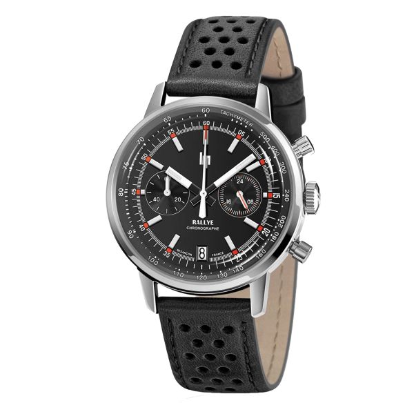 Lip Rallye Chrono mecaquartz watch black dial leather strap 41 mm