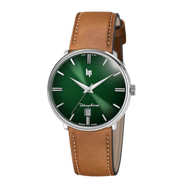 Montre Lip Dauphine quartz cadran vert bracelet cuir 38 mm