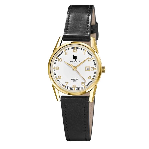 Lip Himalaya Golden quartz silver dial black leather strap 29 mm