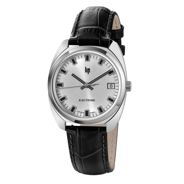 Montre Lip Général De Gaulle quartz cadran argent bracelet cuir noir 35 mm